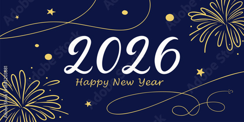 2026 celebration scene with vibrant blue fireworks and glittering lights, New Year’s Eve night, festive mood, clean detailed vector artwork.