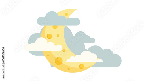 Illustration of a crescent moon with craters surrounded by white and gray clouds on a white background.