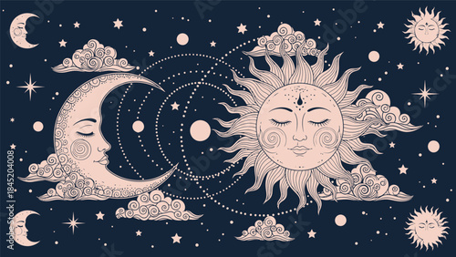 Illustration of a celestial scene with the sun and moon surrounded by stars and clouds in a dark blue background with beige line art.