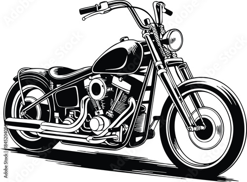 Classic Chopper Motorcycle Illustration, Black and White Vintage Cruiser Bike, Old School Bobber Style Motorcycle, Hand-Drawn Motorcycle Vector Art, silhouette, illustration, vector.
