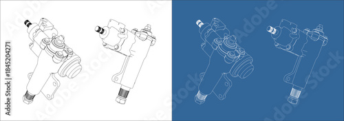 Isometric Wireframe Technical Drawing of Power Steering Gear Box Component on White and Blueprint Background