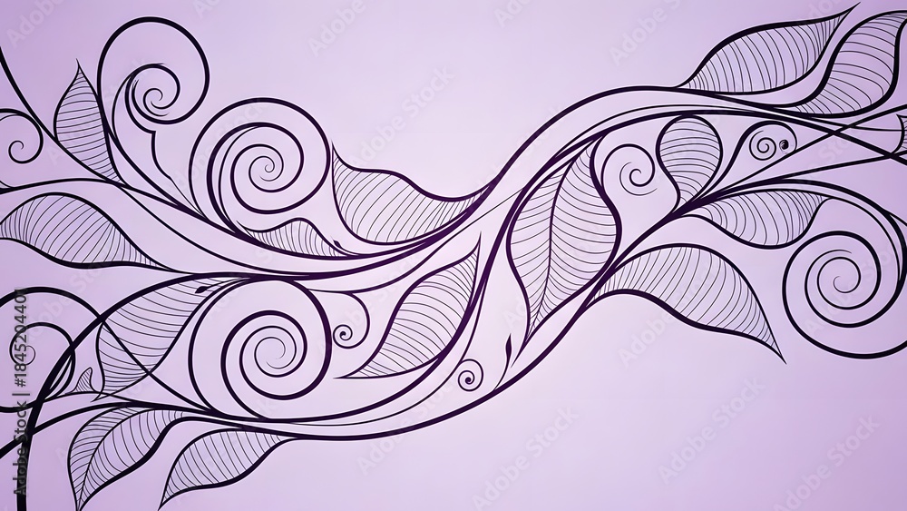 Fototapeta premium Elegant swirling dark purple floral vine design with detailed leaf patterns on a soft lavender background border