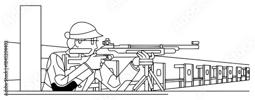 Professional sport shooter aiming a rifle at a target range in vector line art style