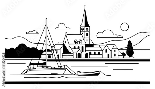 Sailboat floating on a lake near a village church and mountains in vector outline style