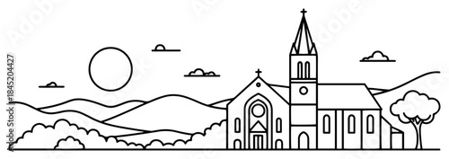Catholic church building in rural landscape with mountains and sun line art