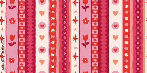 Vector set of seamless patterns – abstract hand-drawn quirky doodles, striped, plaid, and checkered designs – festive, party, and Valentine's day decorative wrapping paper 