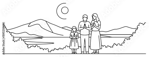 Family praying together outdoors with mountains and lake background outline drawing