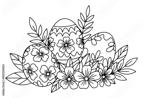 Three decorative Easter eggs with flowers and leaves coloring book style