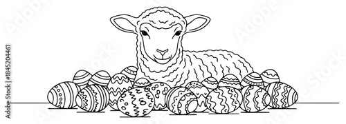 Cute Easter lamb lying down surrounded by decorated eggs in line art style