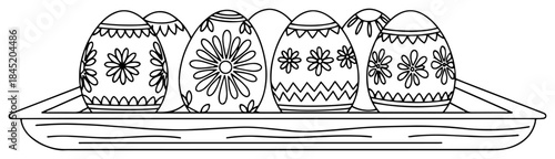 Row of decorated Easter eggs sitting on a wooden tray in vector outline