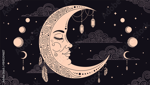 Illustration of a serene moon with a face surrounded by dreamcatchers, clouds, and celestial bodies against a dark night sky.