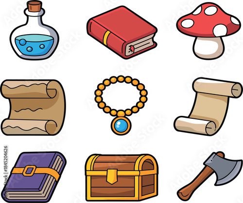 Set of Fantasy Game Icons, Magic Items, Treasure, and Adventure Elements Vector