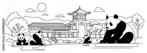 Giant panda family resting near traditional Chinese temples in black and white outline