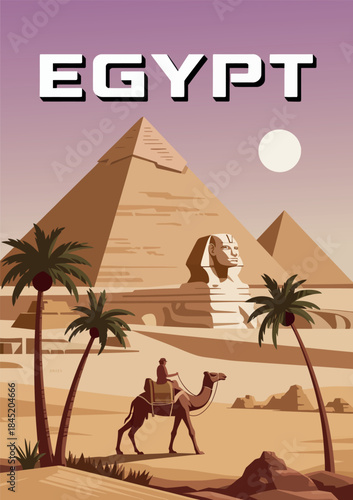 Retro Egypt Travel Poster with Sphinx, Pyramids, and Sahara Sunset