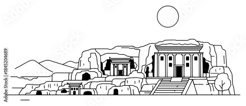 Ancient rock temple architecture carved into cliff face vector illustration