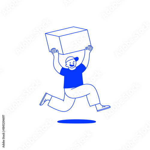 Vector illustration in simple hand drawn style, in friendly mascot, delivery concept, courier carrying big box