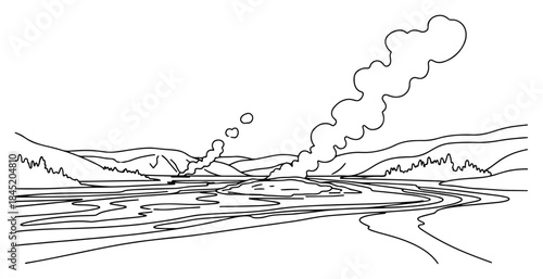 Geyser erupting steam in natural landscape with thermal pools