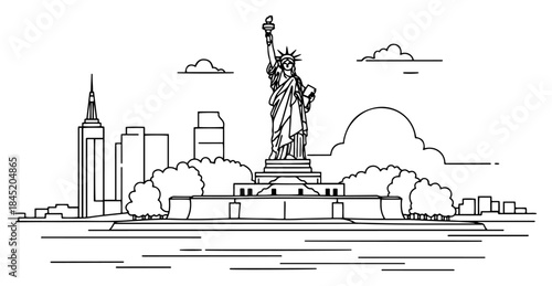 Statue of Liberty monument with city skyline and water in vector outline