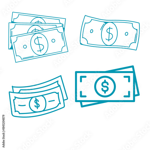 Set of four hand-drawn line art illustrations depicting various stacks and single dollar bills with currency symbols.