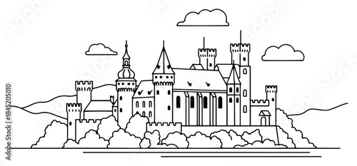 Fairytale castle with many towers and turrets vector illustration