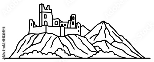 Old castle ruins on top of a rocky mountain outline