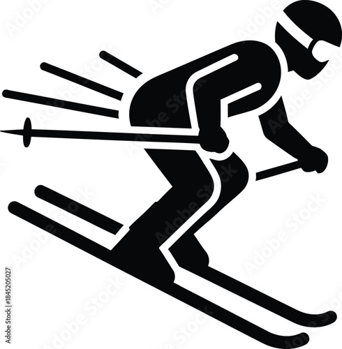 Black Silhouette Icon of a Downhill Skier with Ski Poles on White Background downhill skiing winter sport