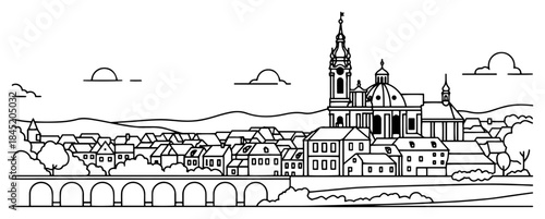 Panoramic view of historical European city with bridge and cathedral in line art