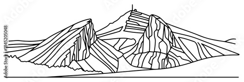 Stylized rocky mountain landscape with jagged peaks and cliffs in vector outline