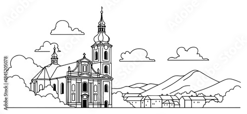 Countryside landscape with a large church tower and village houses in vector style
