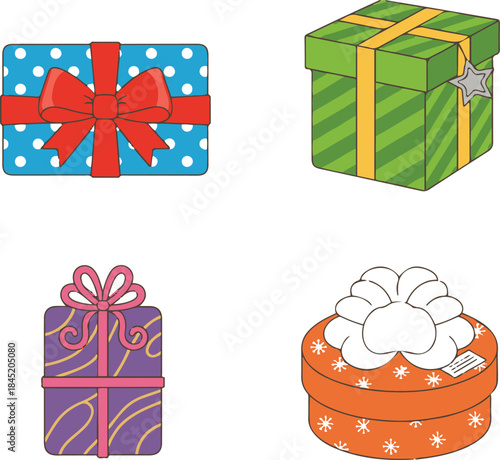 Vector collection of four colorful cartoon gift boxes featuring different shapes and patterns, including polka dots, stripes, and snowflakes, each with a unique ribbon.