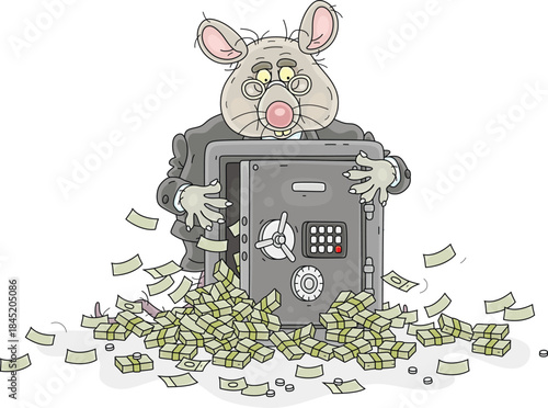 Greedy fat rat with its open safe overflowing with money, vector cartoon illustration on a white background