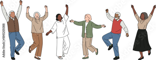 Happy senior people dancing and celebrating together showing active lifestyle joy diversity isolated flat vector illustration