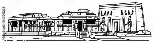 Ancient Egyptian temple architecture with columns and statues in line art style