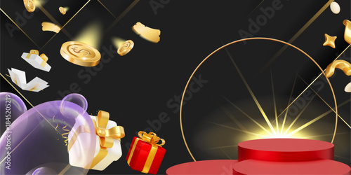 Flash sale event, big sale offer, poster label. Modern style product display stand, gift boxes, discount cards.