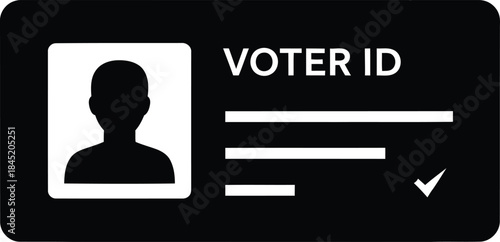 Black and white graphic of a voter identification card with a silhouette of a person and text fields