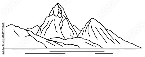 High rocky mountain peaks rising from calm water landscape drawing