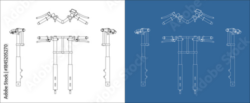 Multiview Orthographic Technical Drawing of Motorcycle Front Fork and Handlebar Assembly on White and Blueprint Background