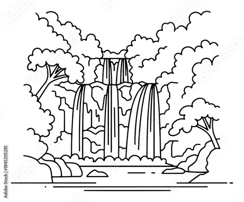 Majestic waterfall cascading through a tropical forest landscape in vector line art style