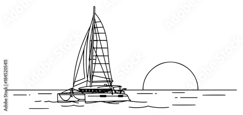 Catamaran sailboat floating on the ocean during sunset in minimalist line art style