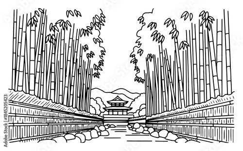 Bamboo forest path leading to a traditional Asian temple in vector outline drawing