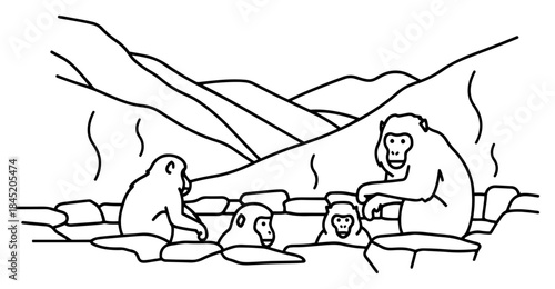 Japanese snow monkeys bathing in natural hot spring onsen outline