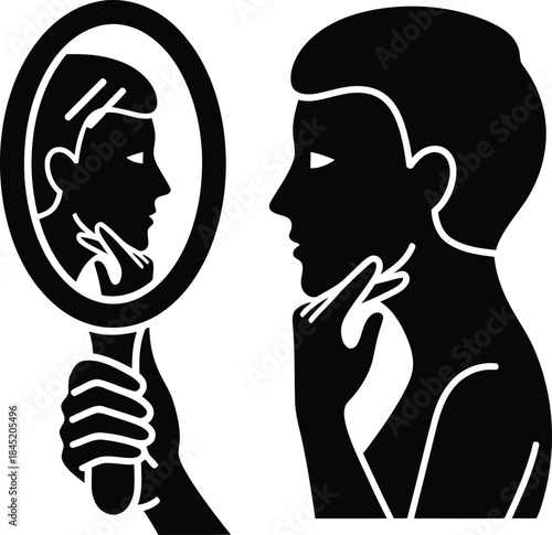 Black Silhouette of Person Looking in Mirror with Hand on Chin reflection self