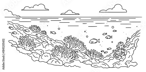 Underwater coral reef landscape with swimming fish and sea surface outline