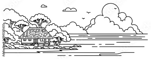 Tropical wooden beach hut on coast near ocean outline