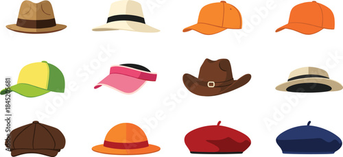 Hat and cap collection with fedora cowboy beret visor and baseball headwear isolated flat vector illustration