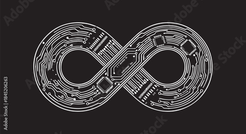 Intricate gear infinity symbol design with interlocking cogs on a dark background.