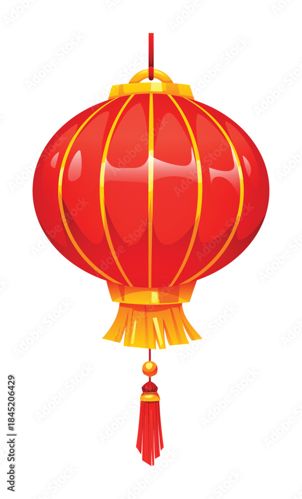 Obraz premium Hanging traditional Chinese red globular lantern with golden metal frame and red tassel isolated by a white background. Vector cartoon illustration