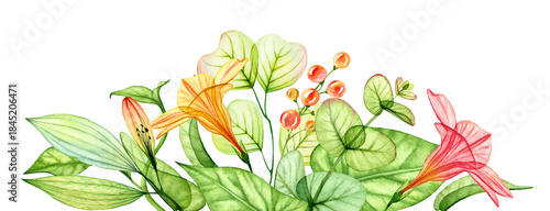 Watercolor composition with tropical flowers. Horizontal background with transparent orange flowers, lily and eucalyptus leaves. Botanical horizontal illustrations for banners and wedding design