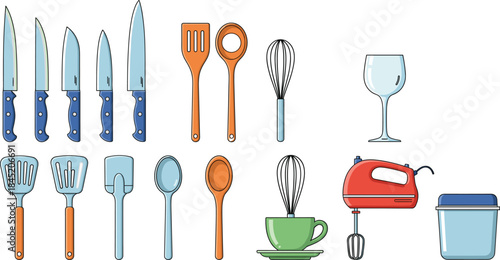 Kitchen utensils and cooking tools collection with knives spatulas whisk mixer glass isolated flat vector illustration