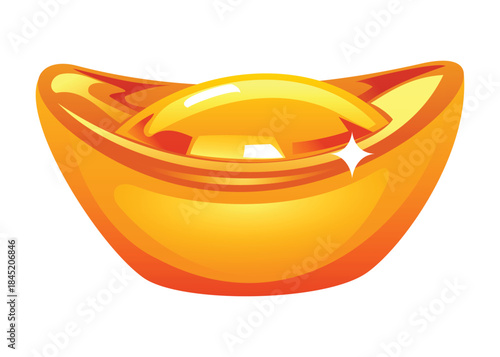 Traditional Chinese golden sycee or yuanbao (ingot) money isolated by a white background. Vector cartoon illustration